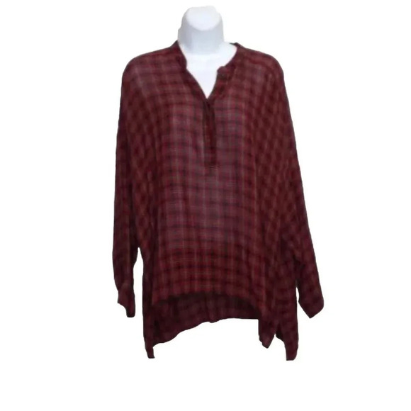 Zara Red Plaid Oversized Flowy Half Button Up Tunic Top Shirt Womens Size XL - Picture 1 of 10